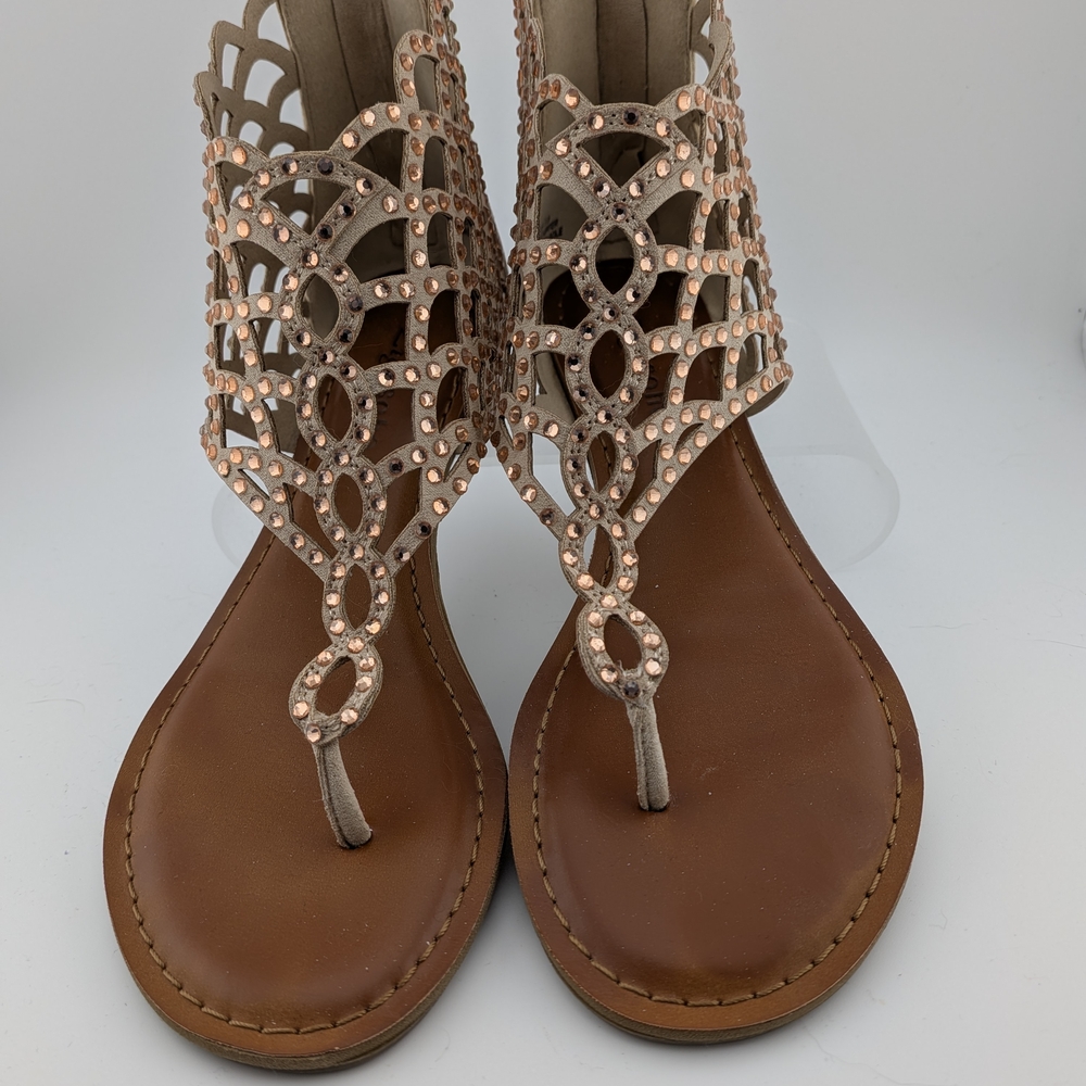Beige Rhinestone T-Strap Sandals - Women